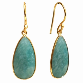Gempires Amazonite Faceted Long Pear Gemstone Drop Dangle Hook Earrings, Statement Jewelry For Her, 1.5 inch Drop 14K Gold Plated, Gift For Woman (Amazonite)