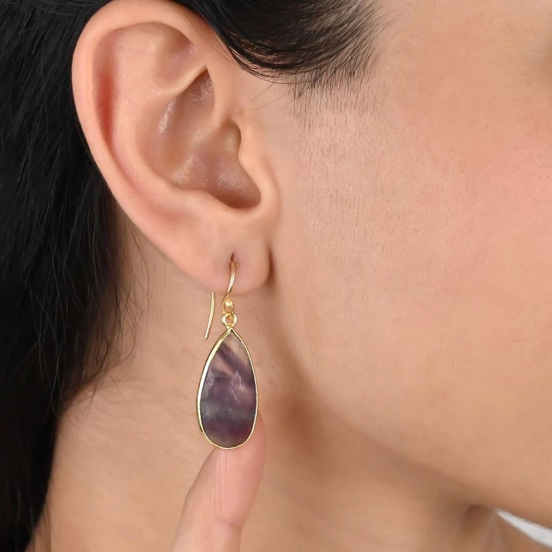 Gempires Amazonite Faceted Long Pear Gemstone Drop Dangle Hook Earrings, Statement Jewelry For Her, 1.5 inch Drop 14K Gold Plated, Gift For Woman (Amazonite)