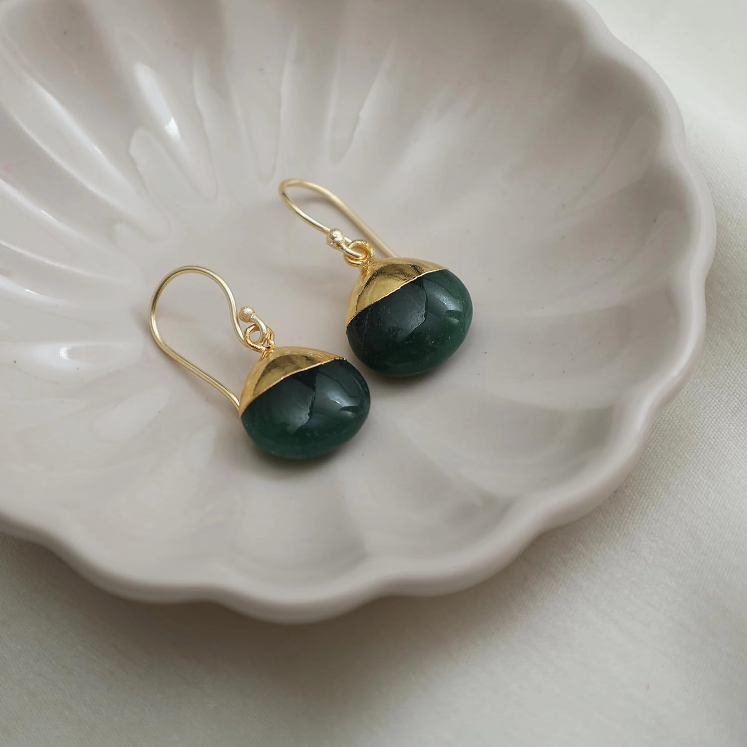 Gempires Green Jade Gemstone Earrings Lightweight Teardrop Handmade Jewelry Hypoallergenic Gold Plated Green Crystal Dangling Earrings For Women.