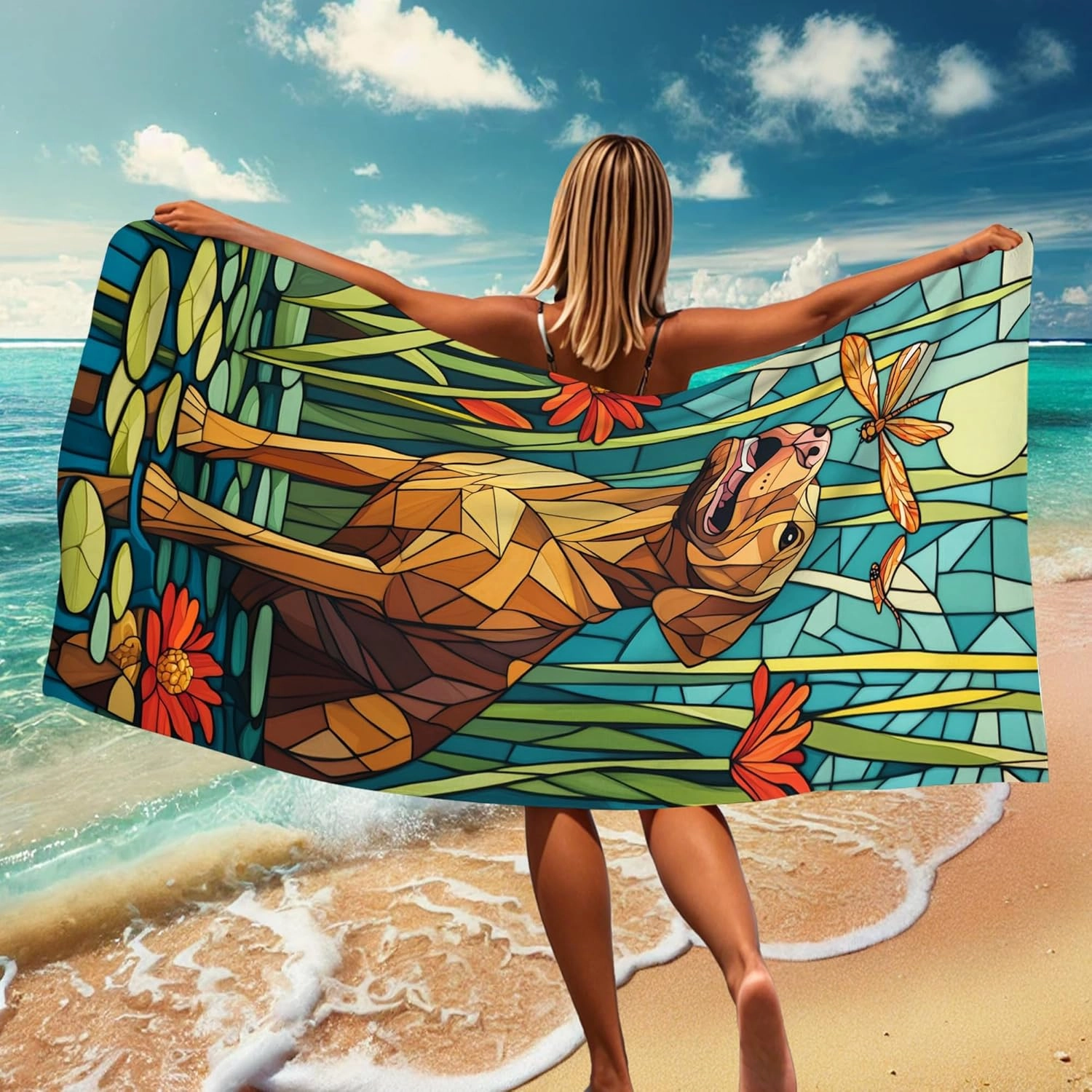 Geometric Yellow Lab Beach Towel Vibrant Dog Design Microfiber Quick Dry Sand Free Soft Lightweight Bath Towel for Pool Camping Picnic Travel Essentials 70x35 Inch
