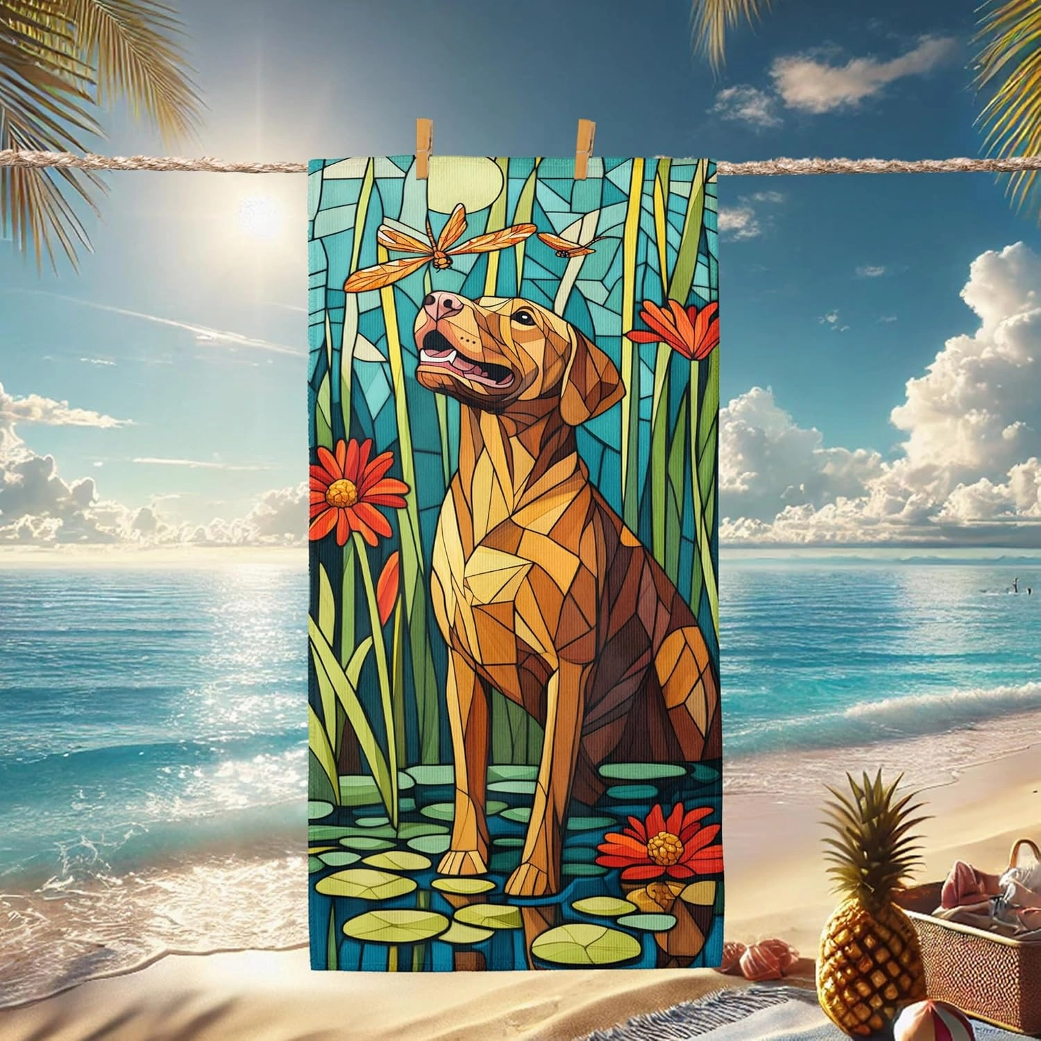 Geometric Yellow Lab Beach Towel Vibrant Dog Design Microfiber Quick Dry Sand Free Soft Lightweight Bath Towel for Pool Camping Picnic Travel Essentials 70x35 Inch