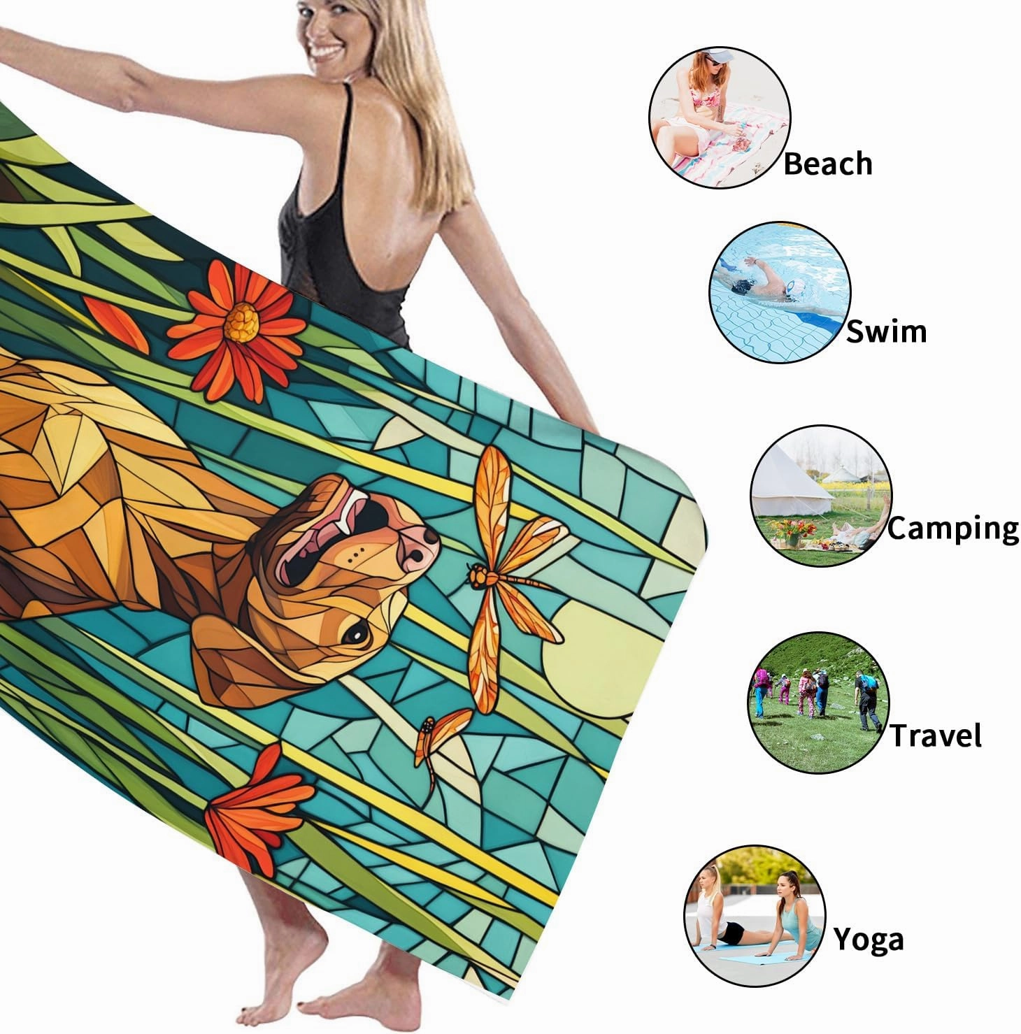Geometric Yellow Lab Beach Towel Vibrant Dog Design Microfiber Quick Dry Sand Free Soft Lightweight Bath Towel for Pool Camping Picnic Travel Essentials 70x35 Inch