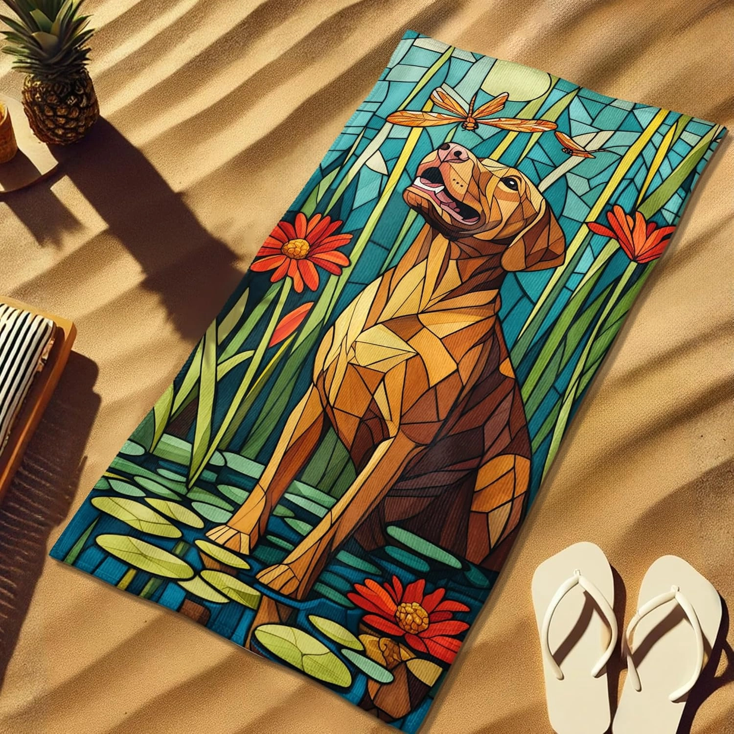 Geometric Yellow Lab Beach Towel Vibrant Dog Design Microfiber Quick Dry Sand Free Soft Lightweight Bath Towel for Pool Camping Picnic Travel Essentials 70x35 Inch