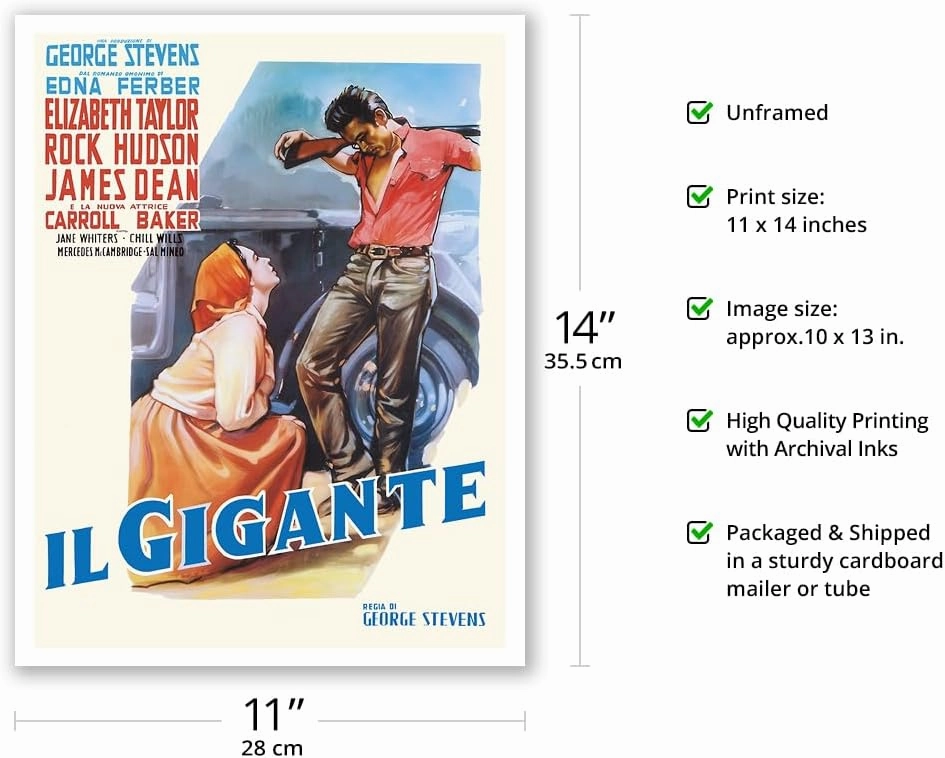 Giant (Il Gigante) - starring Elizabeth Taylor, Rock Hudson, and James Dean - Vintage Italian Movie Poster by Luigi Martinati c.1956 - Fine Art Matte Paper Print (Unframed) 11x14in