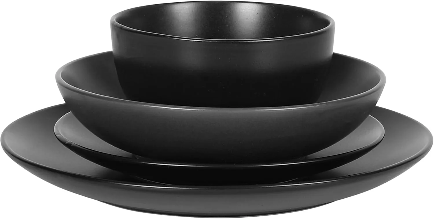 Gibson Home Queenslane 16 Piece Double Bowl Plates and Bowls Dinnerware Sets - Matte Black