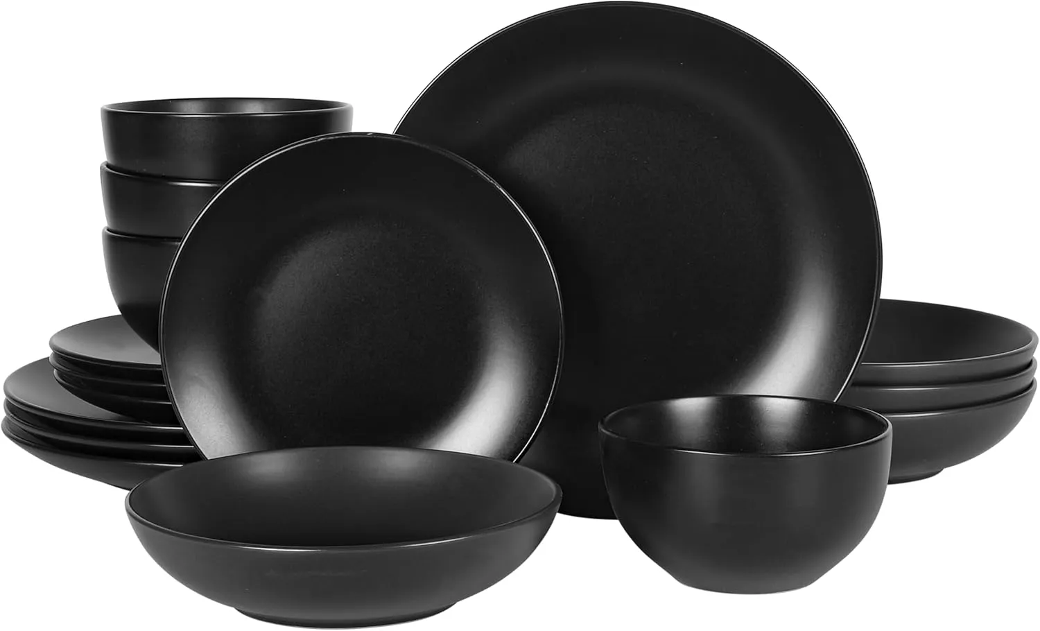 Gibson Home Queenslane 16 Piece Double Bowl Plates and Bowls Dinnerware Sets - Matte Black