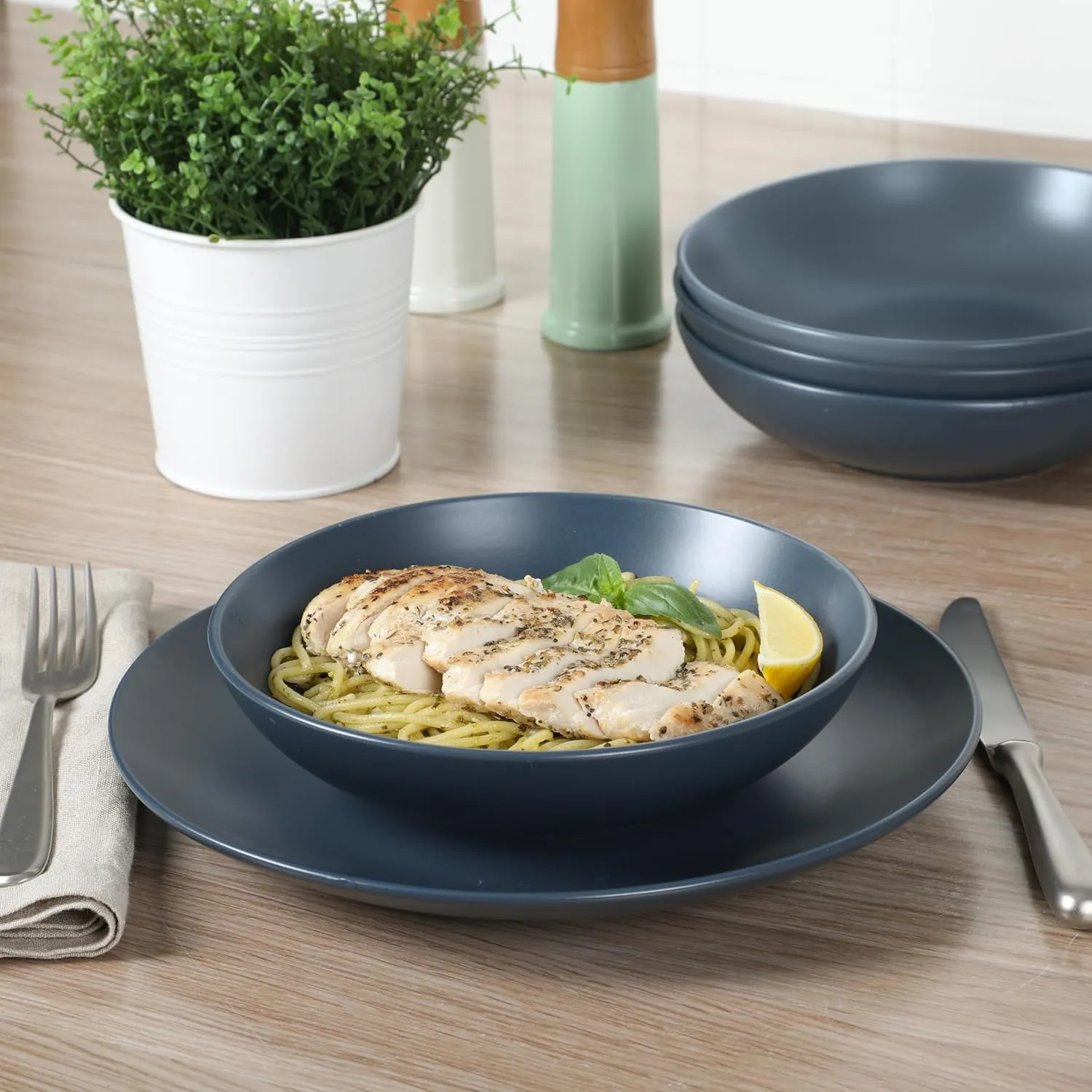 Gibson Home Queenslane 16 Piece Double Bowl Plates and Bowls Dinnerware Sets - Matte Blue