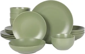 Gibson Home Queenslane 16 Piece Double Bowl Plates and Bowls Dinnerware Sets - Matte Green