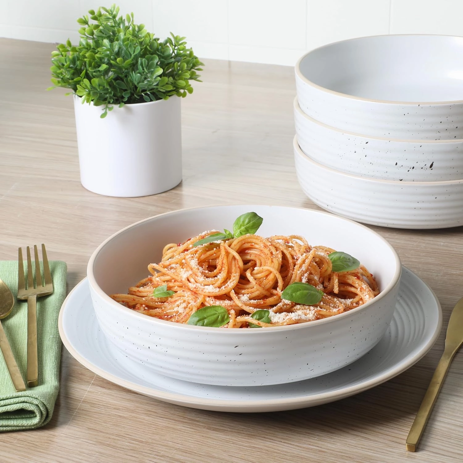 Gibson Home Dinah 16 Piece Double Bowl Stoneware Embossed Speckled Dinnerware Set - Matte White