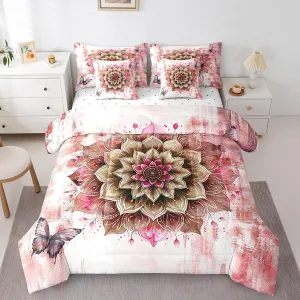 Girls Flower Bed in a Bag 7-Piece Mandala Floral Bedding Set for Women, Red Gradient Queen Size Comforter Set Vintage Ombre Bedding Comforter Sets, Oil Painting Aesthetic Bed Set Room Decorative