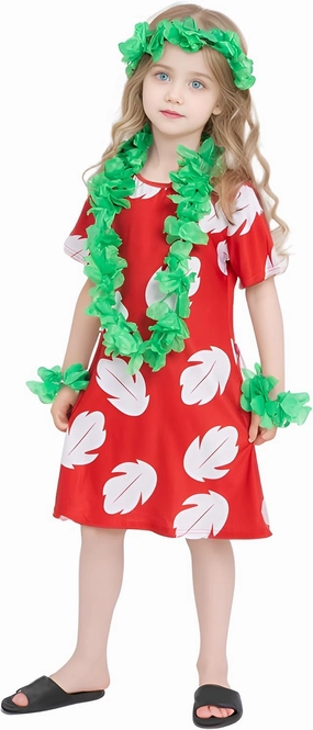 Girls Kids Hawaiian Red Dress Princess Halloween Costume Leaf Summer Dress