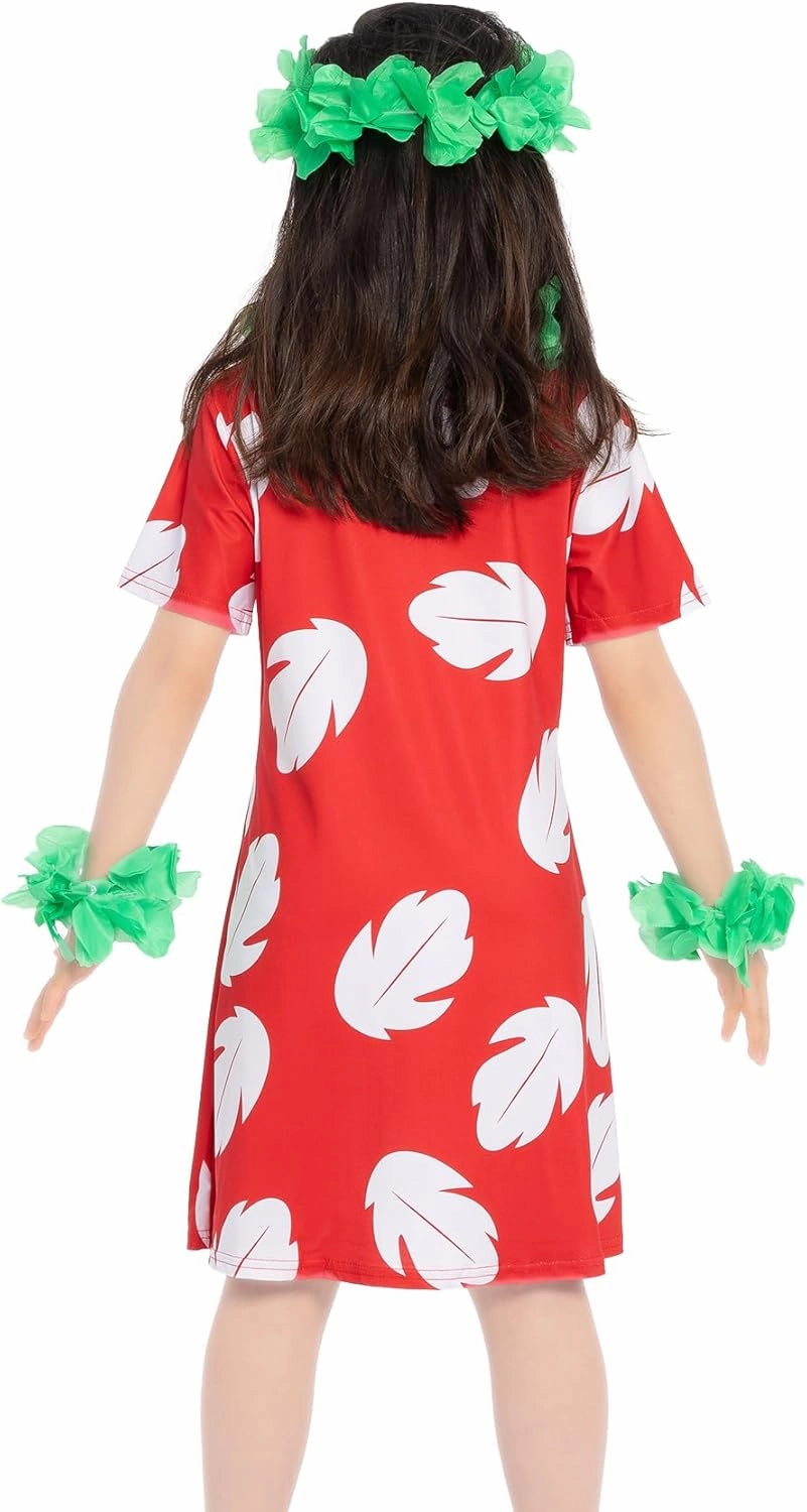 Girls Kids Hawaiian Red Dress Princess Halloween Costume Leaf Summer Dress