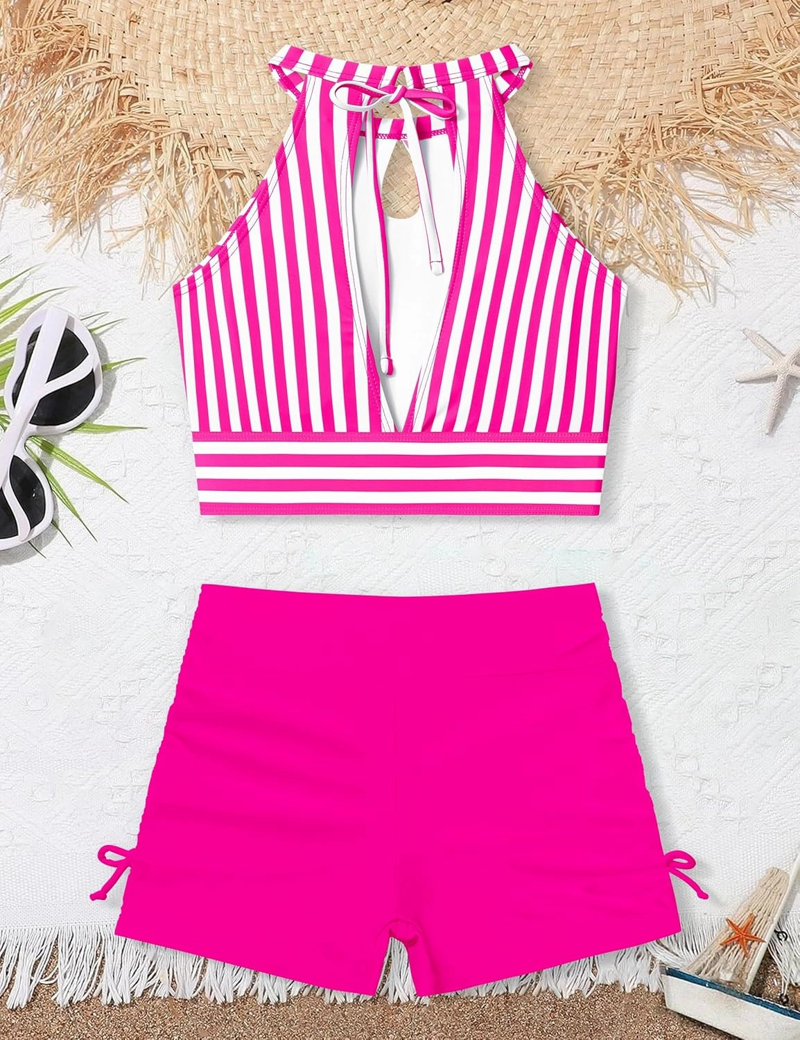 Girls Swimsuits Tankini Striped Halter Neck Cute Bathing Suits Swim Shorts 2 Piece Sets