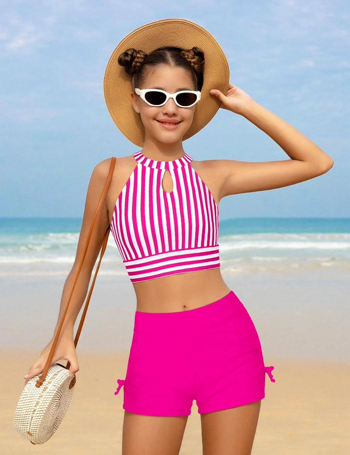 Girls Swimsuits Tankini Striped Halter Neck Cute Bathing Suits Swim Shorts 2 Piece Sets