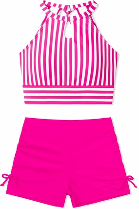 Girls Swimsuits Tankini Striped Halter Neck Cute Bathing Suits Swim Shorts 2 Piece Sets