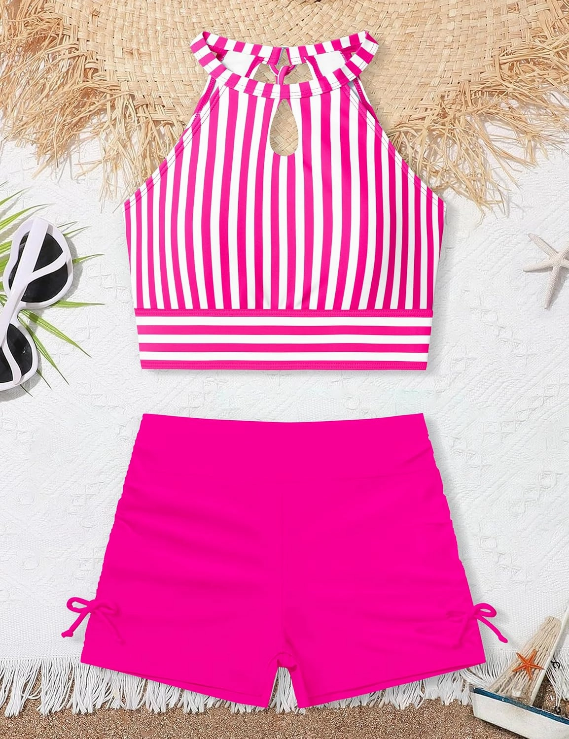 Girls Swimsuits Tankini Striped Halter Neck Cute Bathing Suits Swim Shorts 2 Piece Sets
