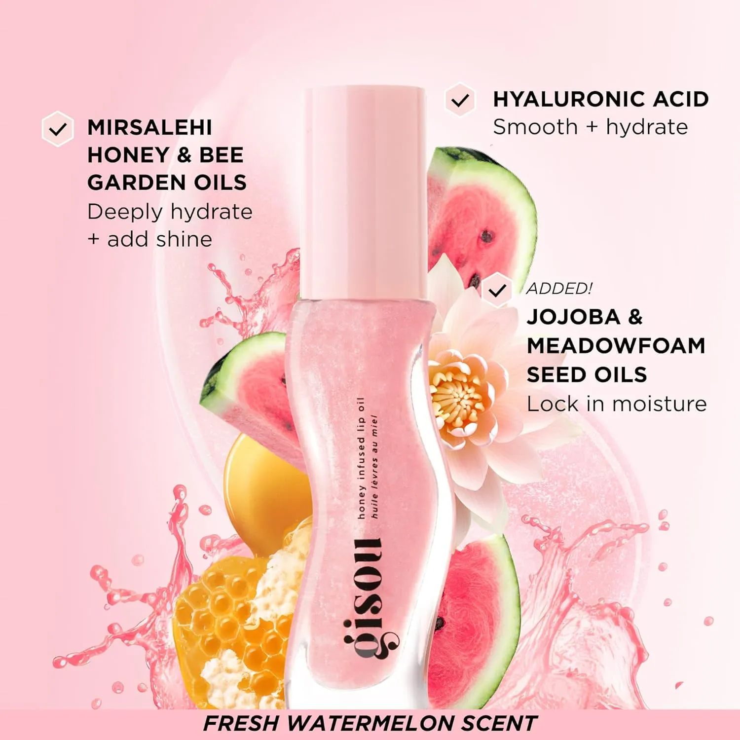 Gisou Honey Infused Hydrating Lip Oil, Nourishing Lip Moisturizer for Dry Lips, High Shine, Smooth Finish, Clear Pink Shimmer Shade, Fresh Watermelon Scent, Watermelon Sugar, 8ml