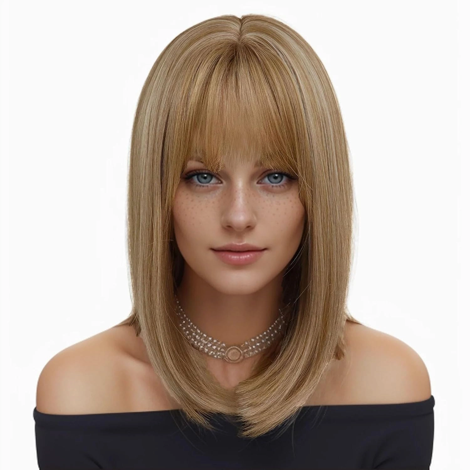 GNIMEGIL 16 inch Medium Length Light Brown Wig with Bangs Short Bob Wigs Straight Hairstyles Natural Full Wigs for Women Student Wig Heat Resistant Synthetic Fiber Roleplay
