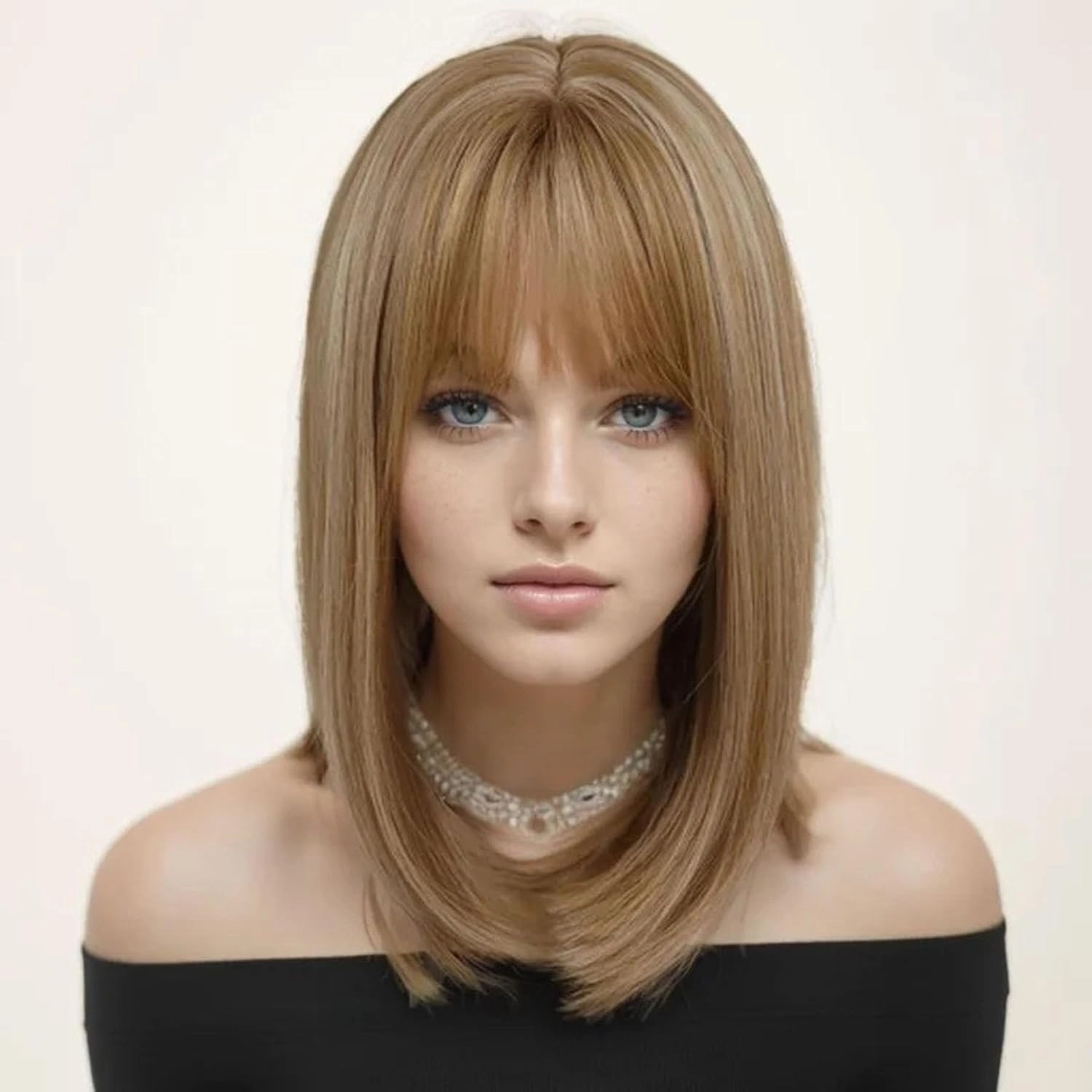 GNIMEGIL 16 inch Medium Length Light Brown Wig with Bangs Short Bob Wigs Straight Hairstyles Natural Full Wigs for Women Student Wig Heat Resistant Synthetic Fiber Roleplay