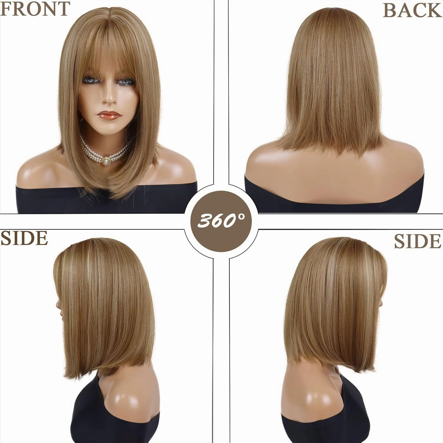 GNIMEGIL 16 inch Medium Length Light Brown Wig with Bangs Short Bob Wigs Straight Hairstyles Natural Full Wigs for Women Student Wig Heat Resistant Synthetic Fiber Roleplay