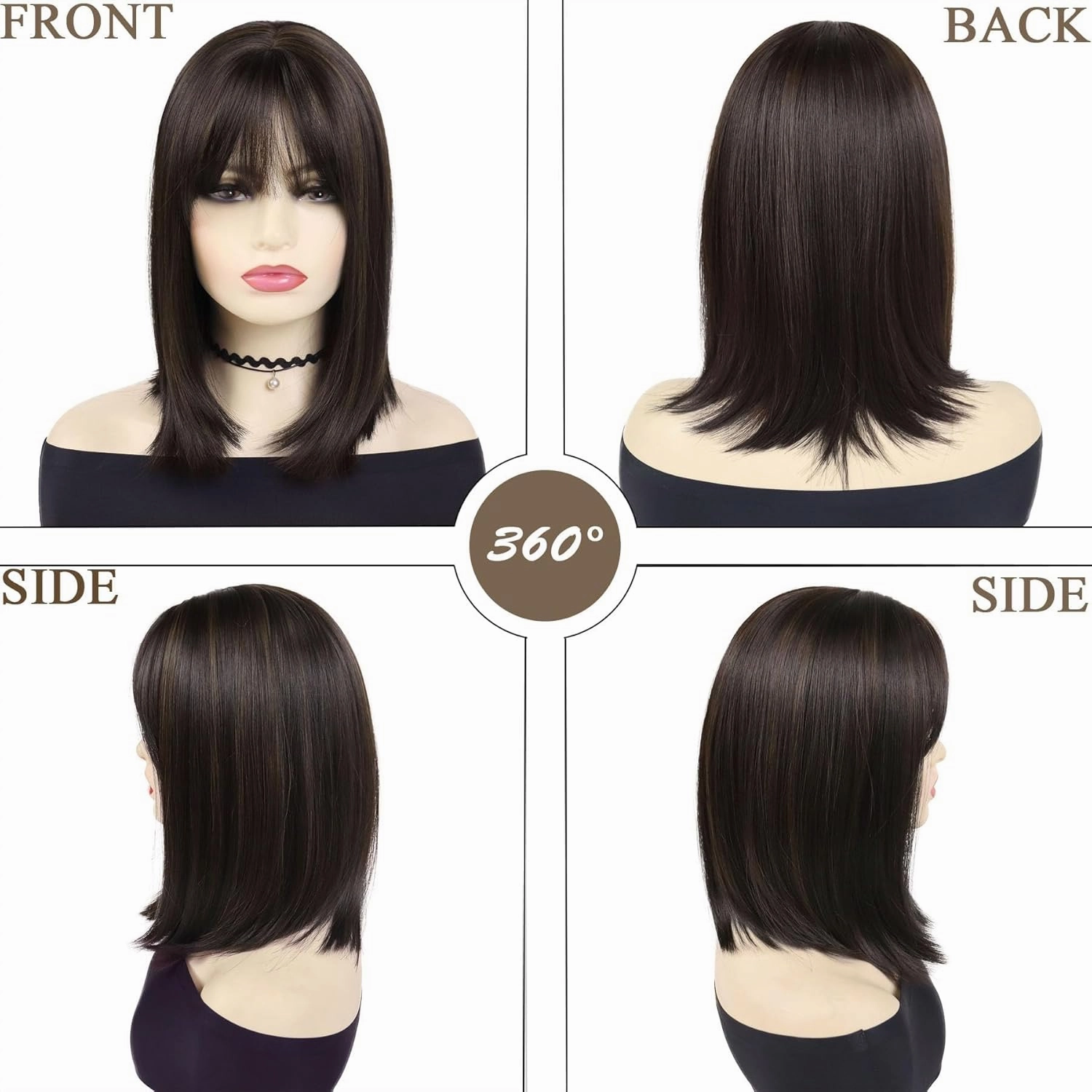 GNIMEGIL 16 Inch Medium Shoulder Length Dark Brown Wig with Bangs Natural Short Straight Hair Bobs Full Wigs For Women Drag Queen Wig Heat Resistant Synthetic Hair