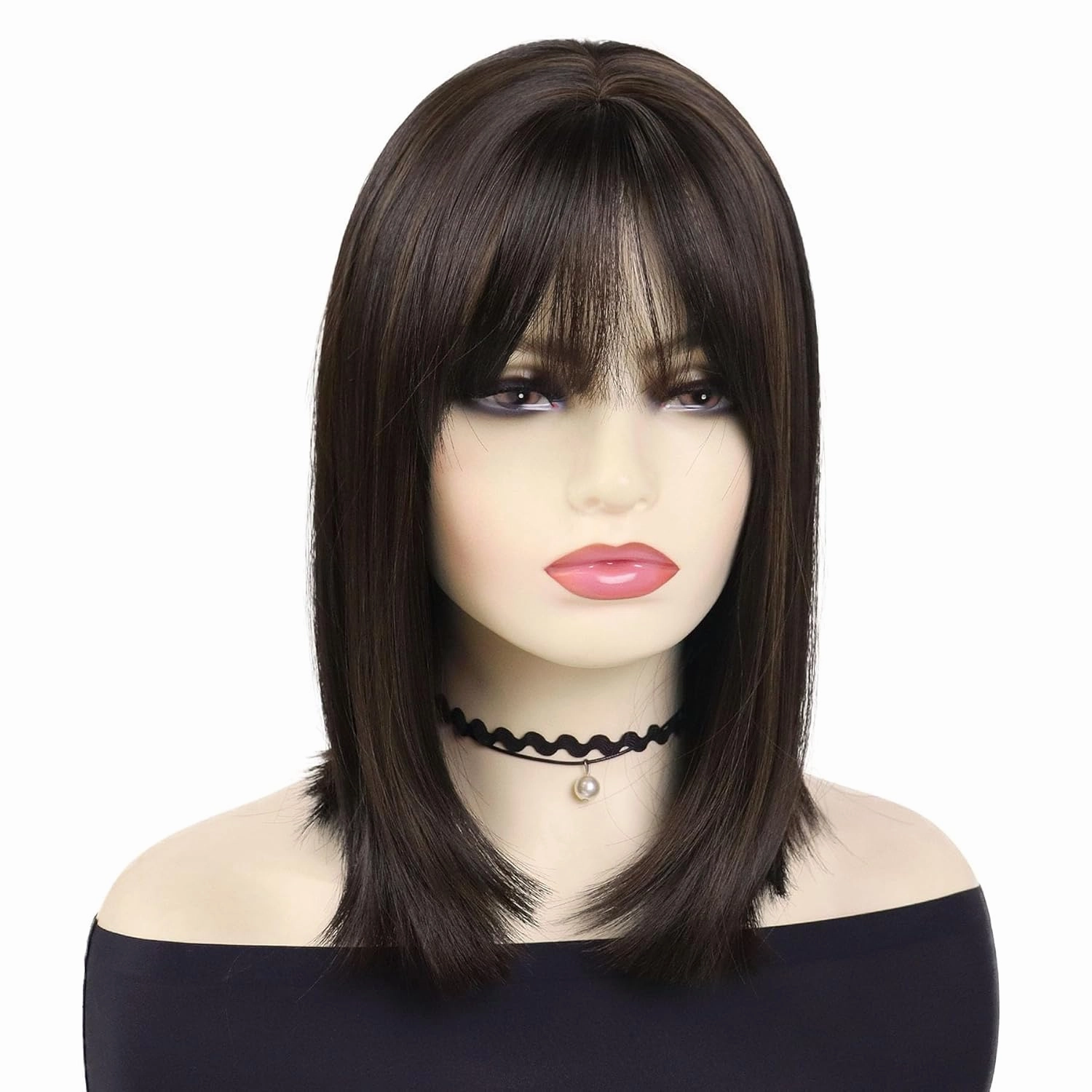 GNIMEGIL 16 Inch Medium Shoulder Length Dark Brown Wig with Bangs Natural Short Straight Hair Bobs Full Wigs For Women Drag Queen Wig Heat Resistant Synthetic Hair