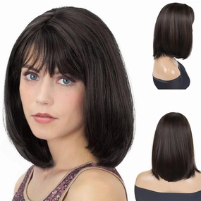 GNIMEGIL 16 Inch Medium Shoulder Length Dark Brown Wig with Bangs Natural Short Straight Hair Bobs Full Wigs For Women Drag Queen Wig Heat Resistant Synthetic Hair