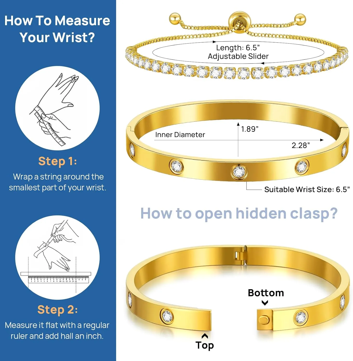 Gold Bracelets For Women 18K Gold Plated Bangle Tennis Bracelets Set,Adjustment Cubic Zirconia Tennis Bracelet Christmas Gifts Dainty Jewelry for Mom Grandma Friends