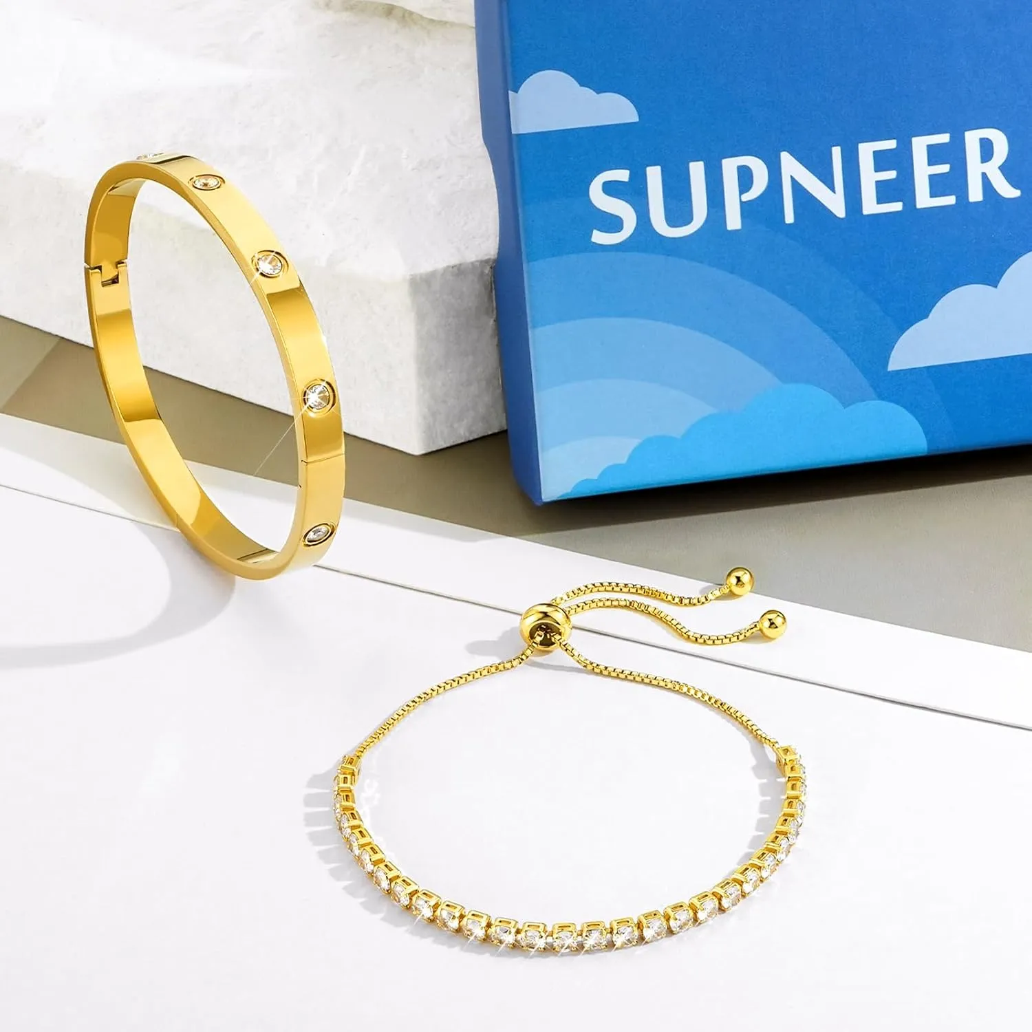 Gold Bracelets For Women 18K Gold Plated Bangle Tennis Bracelets Set,Adjustment Cubic Zirconia Tennis Bracelet Christmas Gifts Dainty Jewelry for Mom Grandma Friends