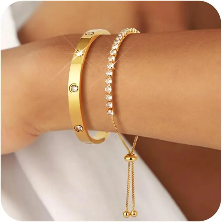 Gold Bracelets For Women 18K Gold Plated Bangle Tennis Bracelets Set,Adjustment Cubic Zirconia Tennis Bracelet Christmas Gifts Dainty Jewelry for Mom Grandma Friends