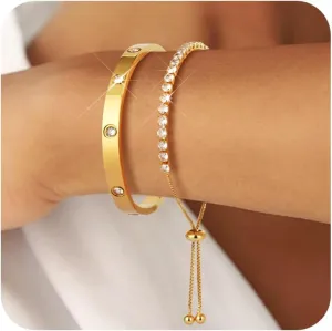 Gold Bracelets For Women 18K Gold Plated Bangle Tennis Bracelets Set,Adjustment Cubic Zirconia Tennis Bracelet Christmas Gifts Dainty Jewelry for Mom Grandma Friends