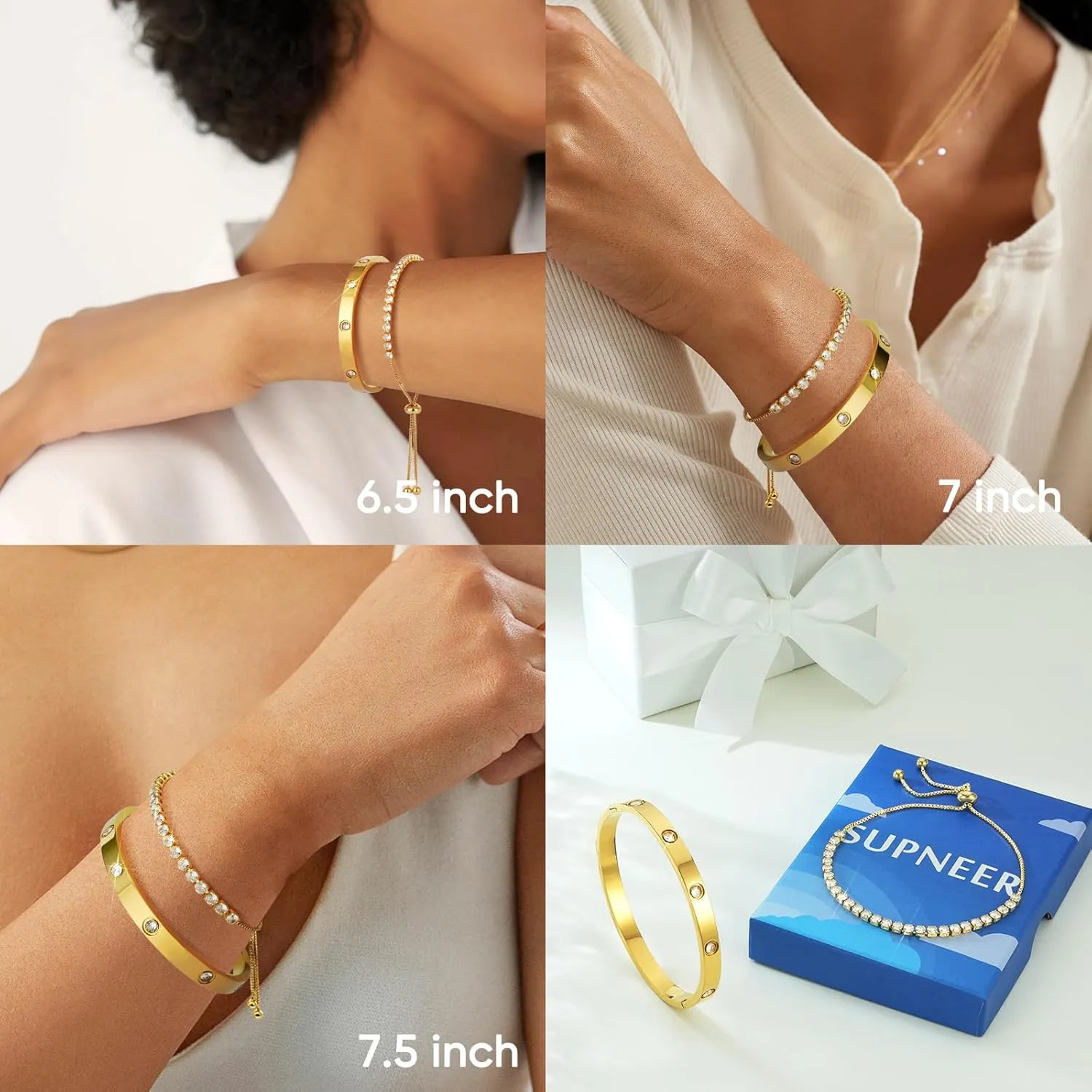 Gold Bracelets For Women 18K Gold Plated Bangle Tennis Bracelets Set,Adjustment Cubic Zirconia Tennis Bracelet Christmas Gifts Dainty Jewelry for Mom Grandma Friends