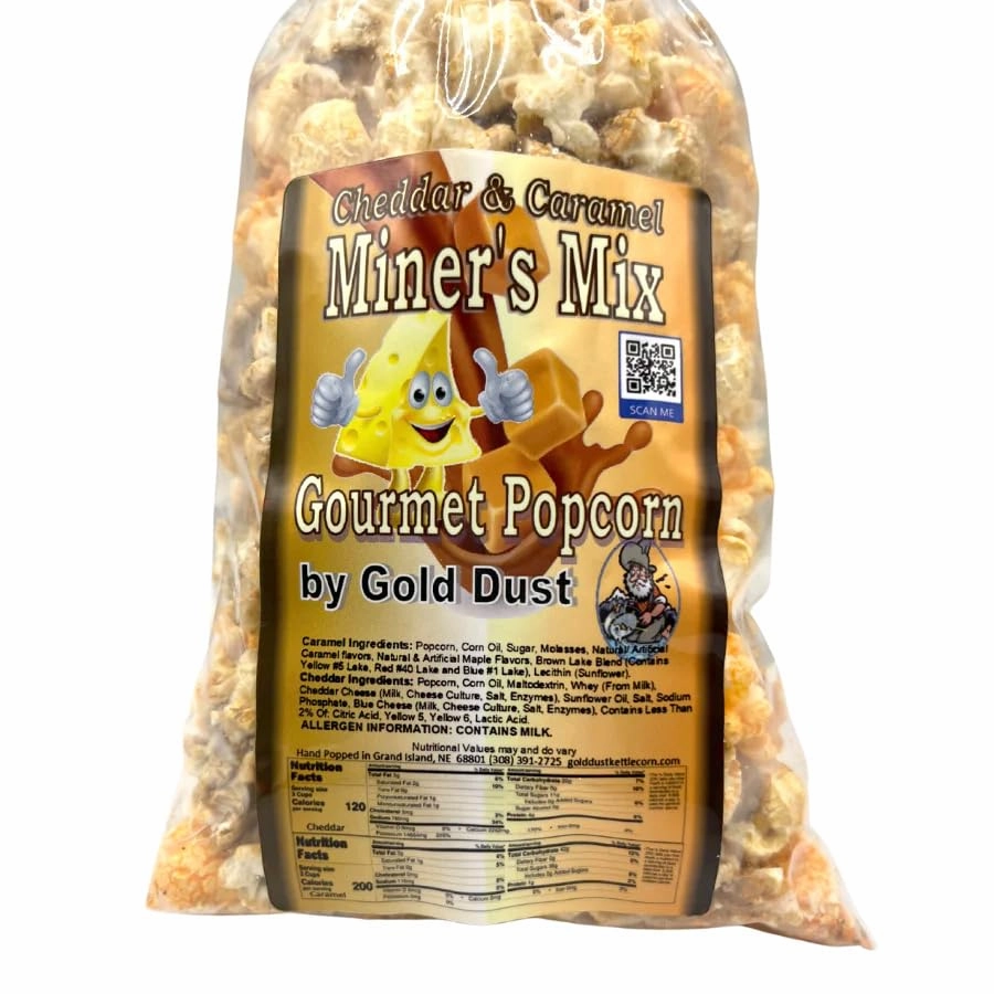 Gold Dust Kettle Corn | Miner’s Mix | Cheddar and Caramel Popcorn | Sweet and Salty | Cheese and Caramel Popcorn Mix | Popped Popcorn Snack Bag | Non GMO | Made in Nebraska | 2 oz Bag | 4 Pack