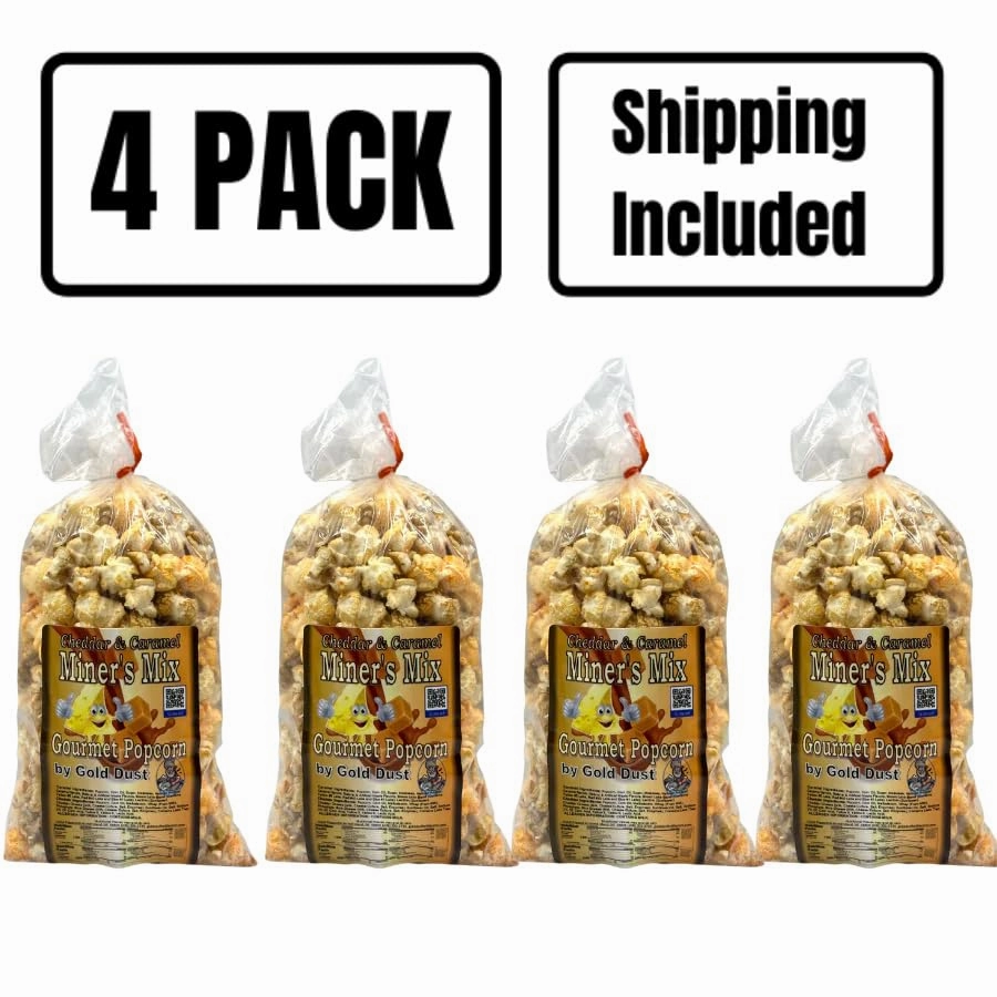 Gold Dust Kettle Corn | Miner’s Mix | Cheddar and Caramel Popcorn | Sweet and Salty | Cheese and Caramel Popcorn Mix | Popped Popcorn Snack Bag | Non GMO | Made in Nebraska | 2 oz Bag | 4 Pack