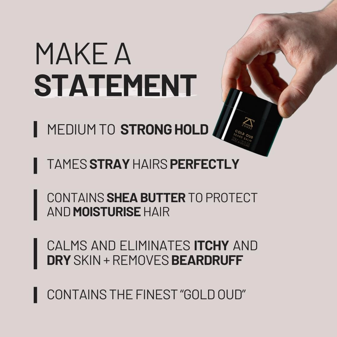 Gold Oud Premium Beard Balm - Rich Oud Scented Beard Grooming Gift and Skincare Butter for Men - Natural Avocado, Argan, Macadamia Oils - Moisturises, Conditions, Removes Beardruff 1.7 Oz