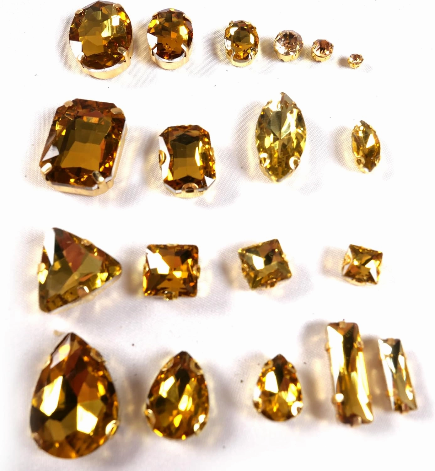Gold Sew on Rhinestones 260 PCS Mixed Shapes Gold Glass Rhinestones Sew on Crystal Gems Mental Flatback with Gold Claw for Jewelry Crafts Clothes Shoes Costume Garment
