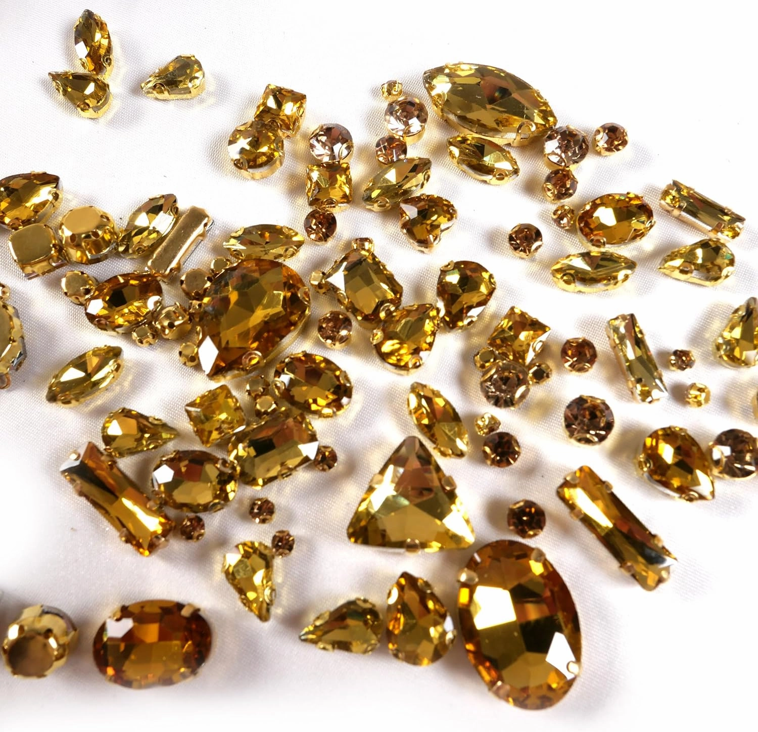Gold Sew on Rhinestones 260 PCS Mixed Shapes Gold Glass Rhinestones Sew on Crystal Gems Mental Flatback with Gold Claw for Jewelry Crafts Clothes Shoes Costume Garment