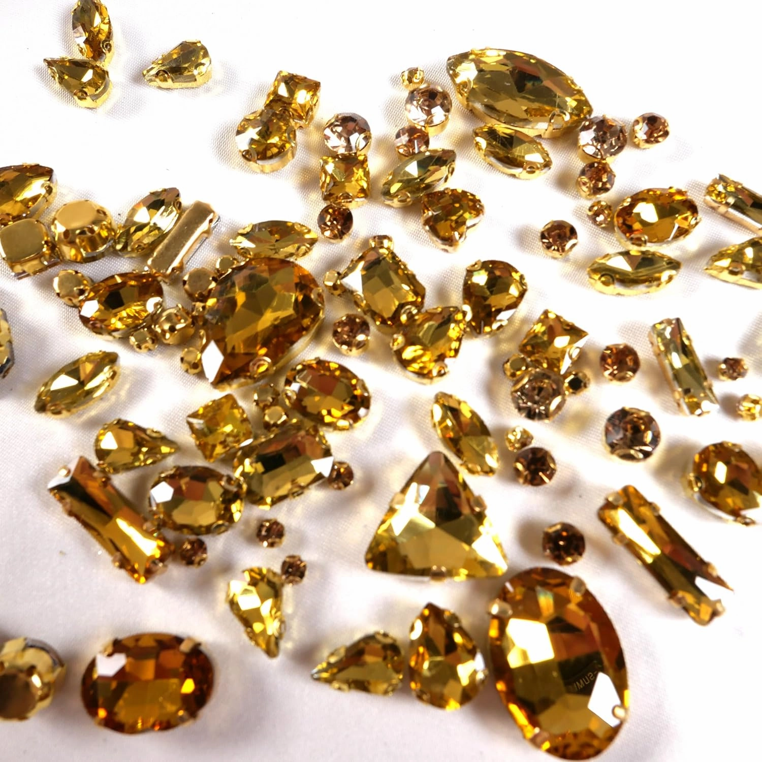 Gold Sew on Rhinestones 260 PCS Mixed Shapes Gold Glass Rhinestones Sew on Crystal Gems Mental Flatback with Gold Claw for Jewelry Crafts Clothes Shoes Costume Garment