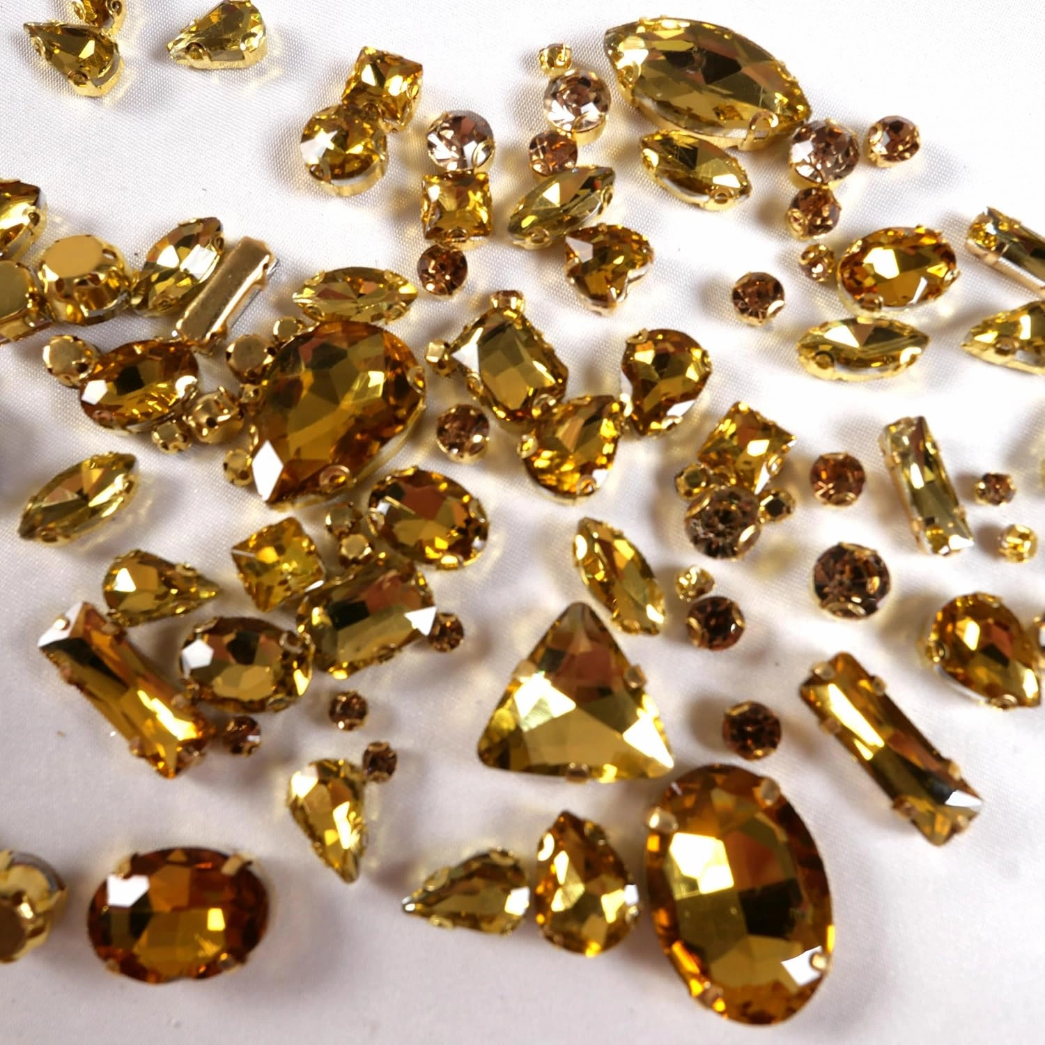 Gold Sew on Rhinestones 260 PCS Mixed Shapes Gold Glass Rhinestones Sew on Crystal Gems Mental Flatback with Gold Claw for Jewelry Crafts Clothes Shoes Costume Garment
