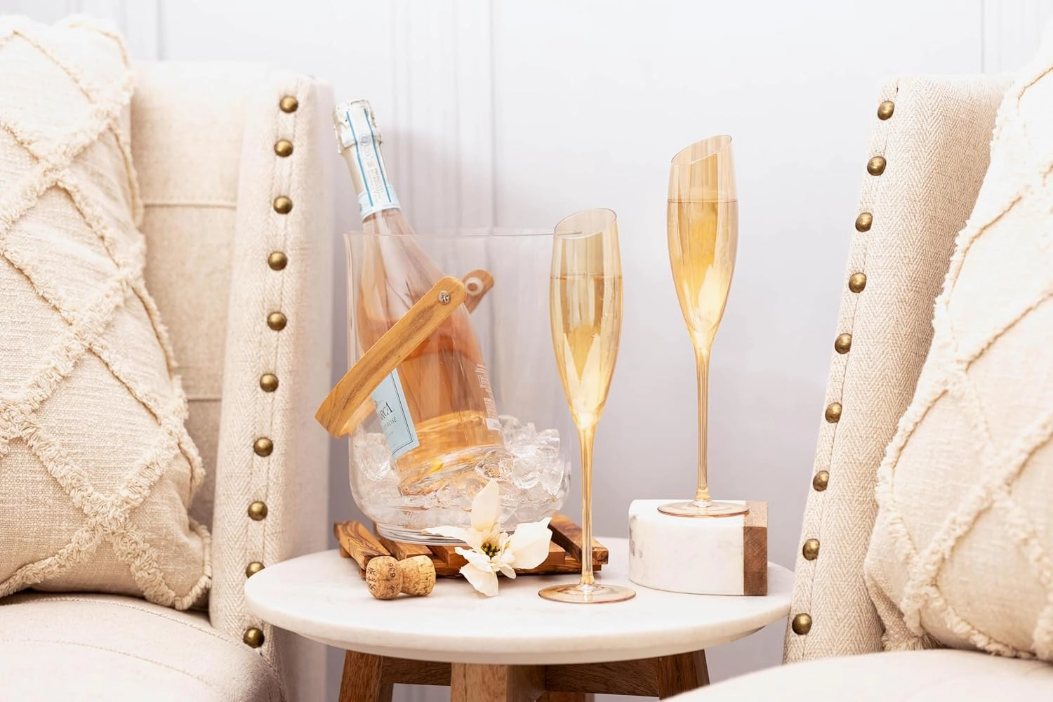 Gold Wine Glasses for Champagne, Set of 2-6oz Champagne Flutes with Slanted Rims, Angled Bowl for Optimal Aeration, Modern, Unique, Decorative Fancy Wine Glasses Set for Women and Men