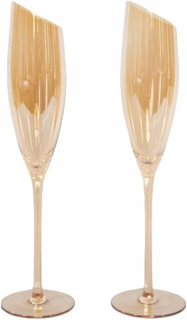Gold Wine Glasses for Champagne, Set of 2-6oz Champagne Flutes with Slanted Rims, Angled Bowl for Optimal Aeration, Modern, Unique, Decorative Fancy Wine Glasses Set for Women and Men