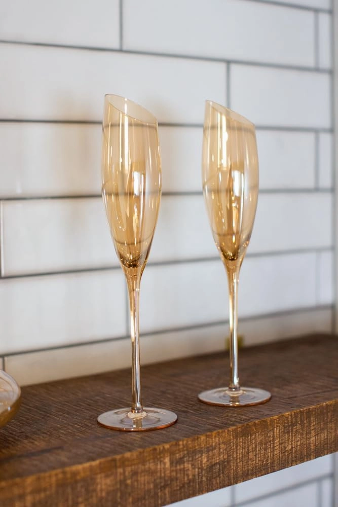 Gold Wine Glasses for Champagne, Set of 2-6oz Champagne Flutes with Slanted Rims, Angled Bowl for Optimal Aeration, Modern, Unique, Decorative Fancy Wine Glasses Set for Women and Men