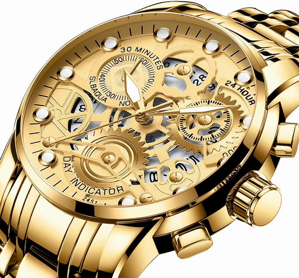 Gosasa Watch for Men's Women's Stainless Steel Calendar Chronography Quartz Hollowed Out Luminous Analog Display Waterproof Business Unisex Wristwatch