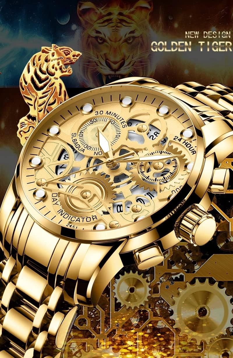 Gosasa Watch for Men's Women's Stainless Steel Calendar Chronography Quartz Hollowed Out Luminous Analog Display Waterproof Business Unisex Wristwatch