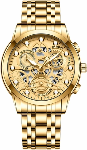 Gosasa Watch for Men's Women's Stainless Steel Calendar Chronography Quartz Hollowed Out Luminous Analog Display Waterproof Business Unisex Wristwatch