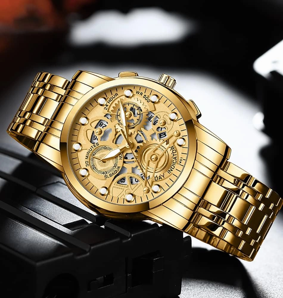 Gosasa Watch for Men's Women's Stainless Steel Calendar Chronography Quartz Hollowed Out Luminous Analog Display Waterproof Business Unisex Wristwatch