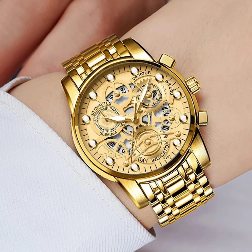Gosasa Watch for Men's Women's Stainless Steel Calendar Chronography Quartz Hollowed Out Luminous Analog Display Waterproof Business Unisex Wristwatch