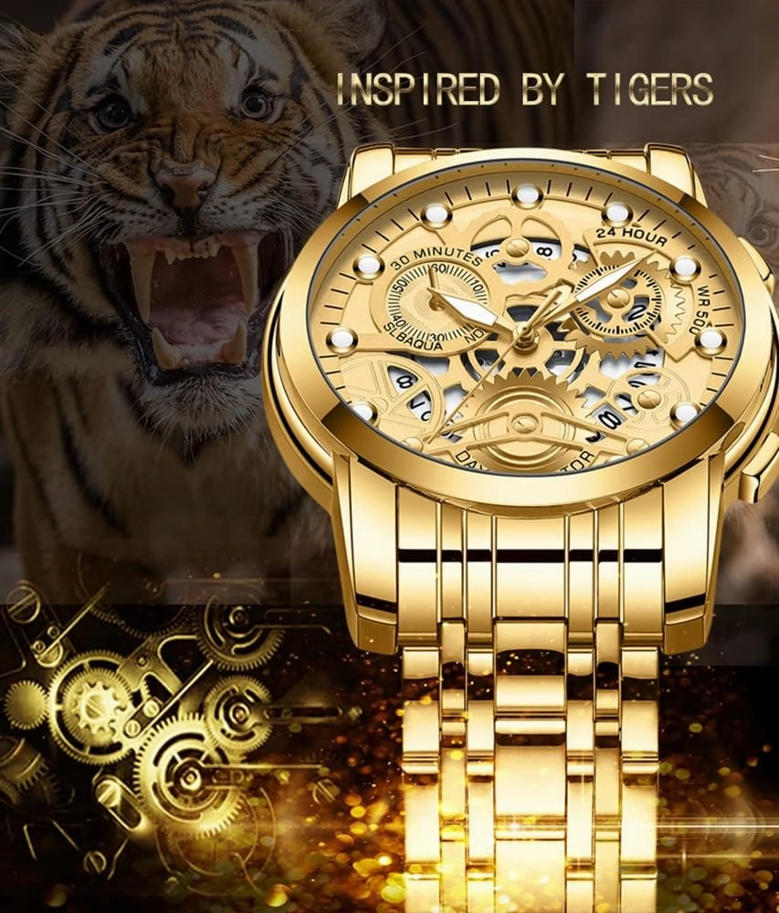 Gosasa Watch for Men's Women's Stainless Steel Calendar Chronography Quartz Hollowed Out Luminous Analog Display Waterproof Business Unisex Wristwatch