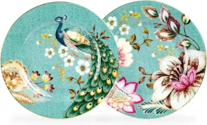 Grace Teaware Peacock Lotus Garden Fine Porcelain 7.5-inch Dessert Salad Plate Set of 2, Two Assorted Design Plates (Green)