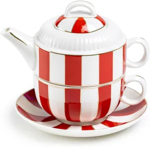 Grace Teaware Red and White Carousel Stripes Fine Porcelain Tea For One Set